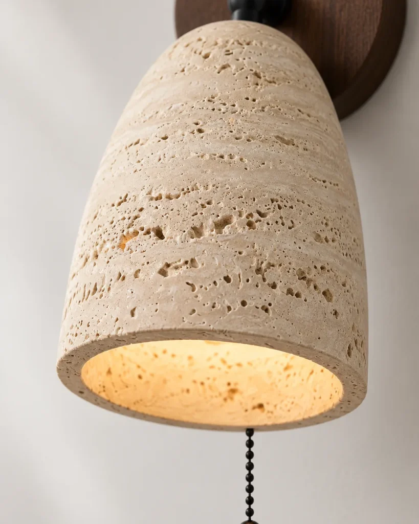 Wandlampe BOVA, Travertin-Glocke auf Nussbaumrosette – Detailansicht der Travertinstruktur