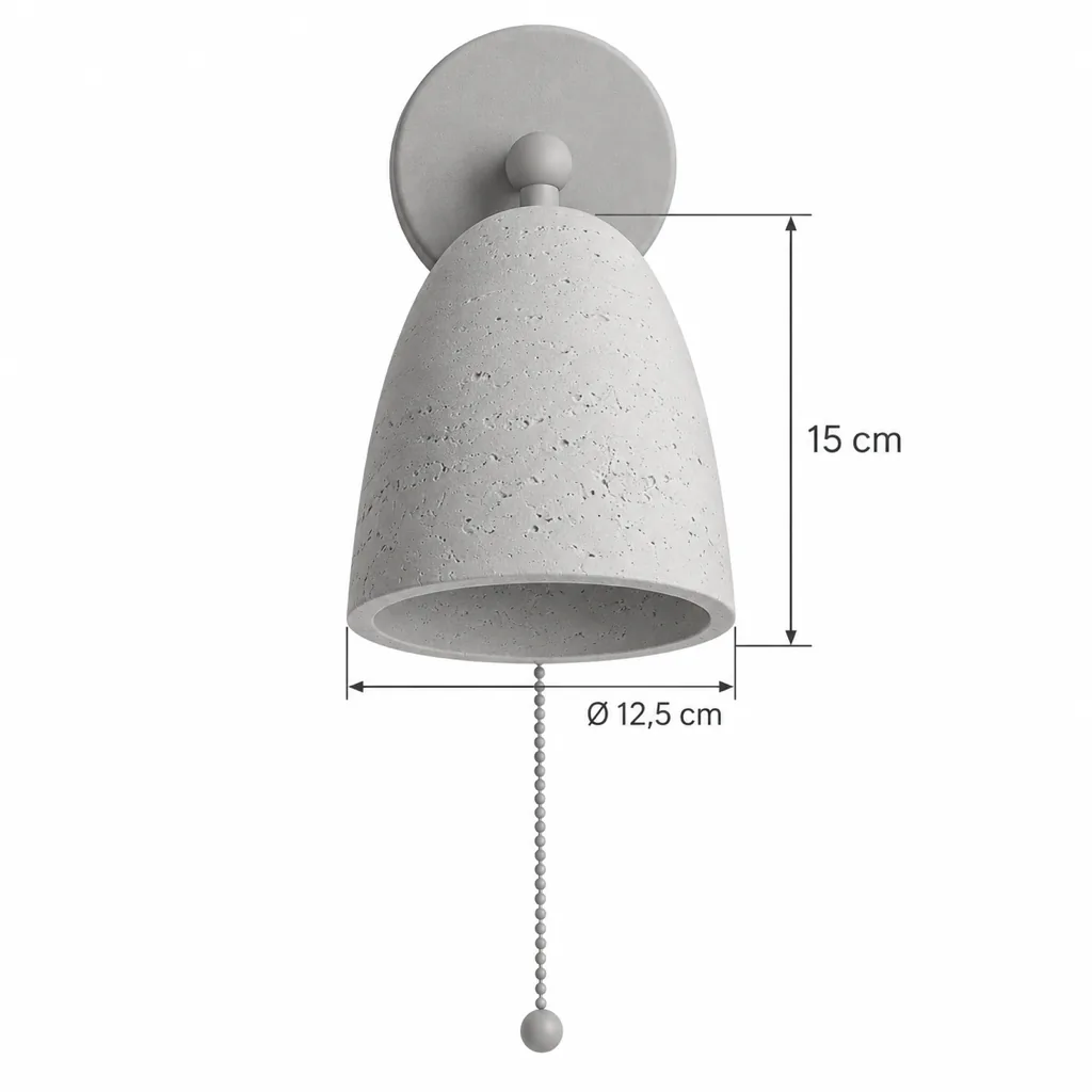Wandlampe BOVA, Travertin-Glocke auf Nussbaumrosette – Masszeichnung Ø 12,5 cm, Höhe 15 cm