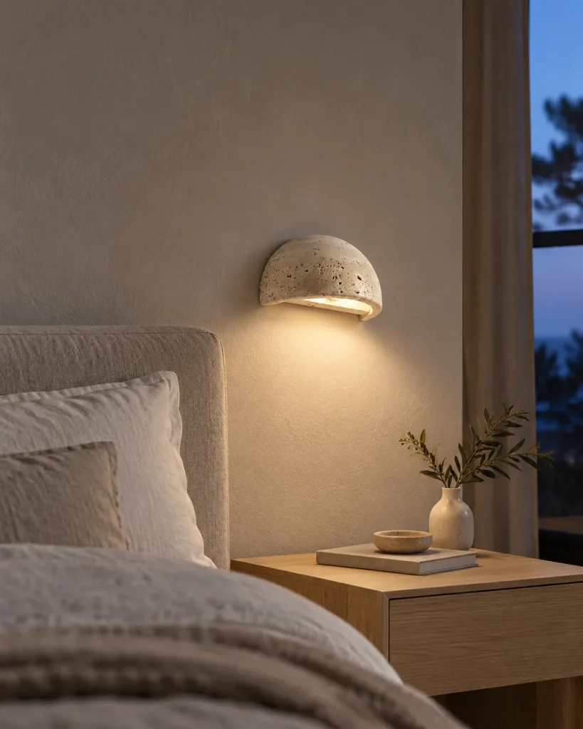Wandlampe NARA, Halbmond aus Travertin mit Licht nach unten – im Schlafzimmer über dem Nachttisch, Abendlicht