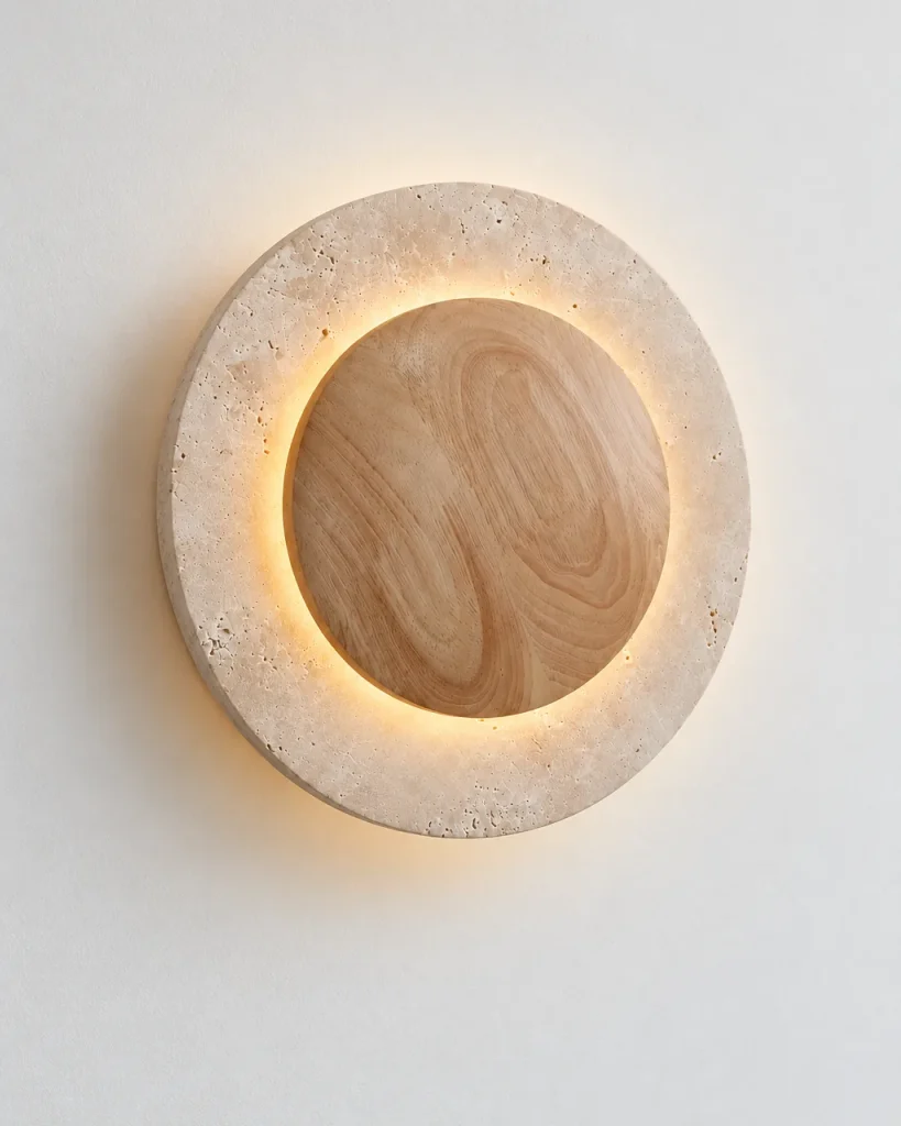 Applique KUMI, travertino rotondo con disco di legno – travertino e legno, foto prodotto