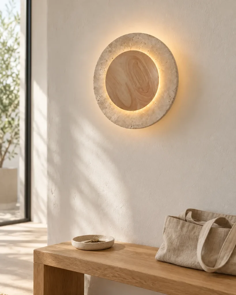 Applique KUMI, travertino rotondo con disco di legno – all'ingresso sopra una panca in legno, luce diurna