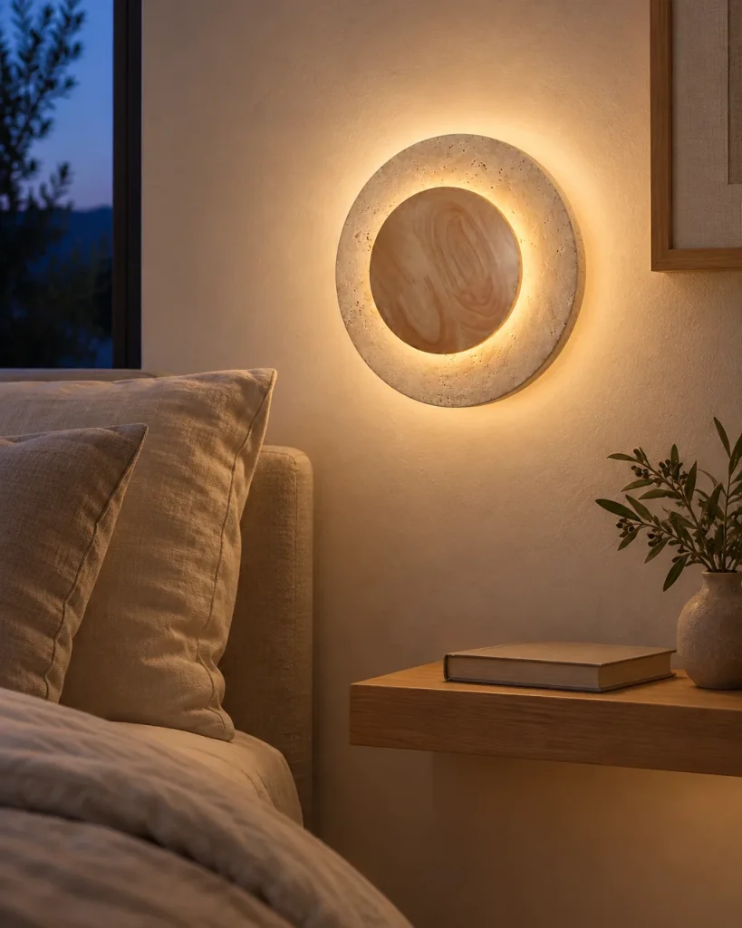 Applique KUMI, travertino rotondo con disco di legno – in camera da letto sopra il comodino, luce serale