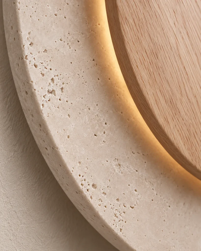 Applique KUMI, travertino rotondo con disco di legno – dettaglio dei pori del travertino e del bordo in legno, luce indiretta