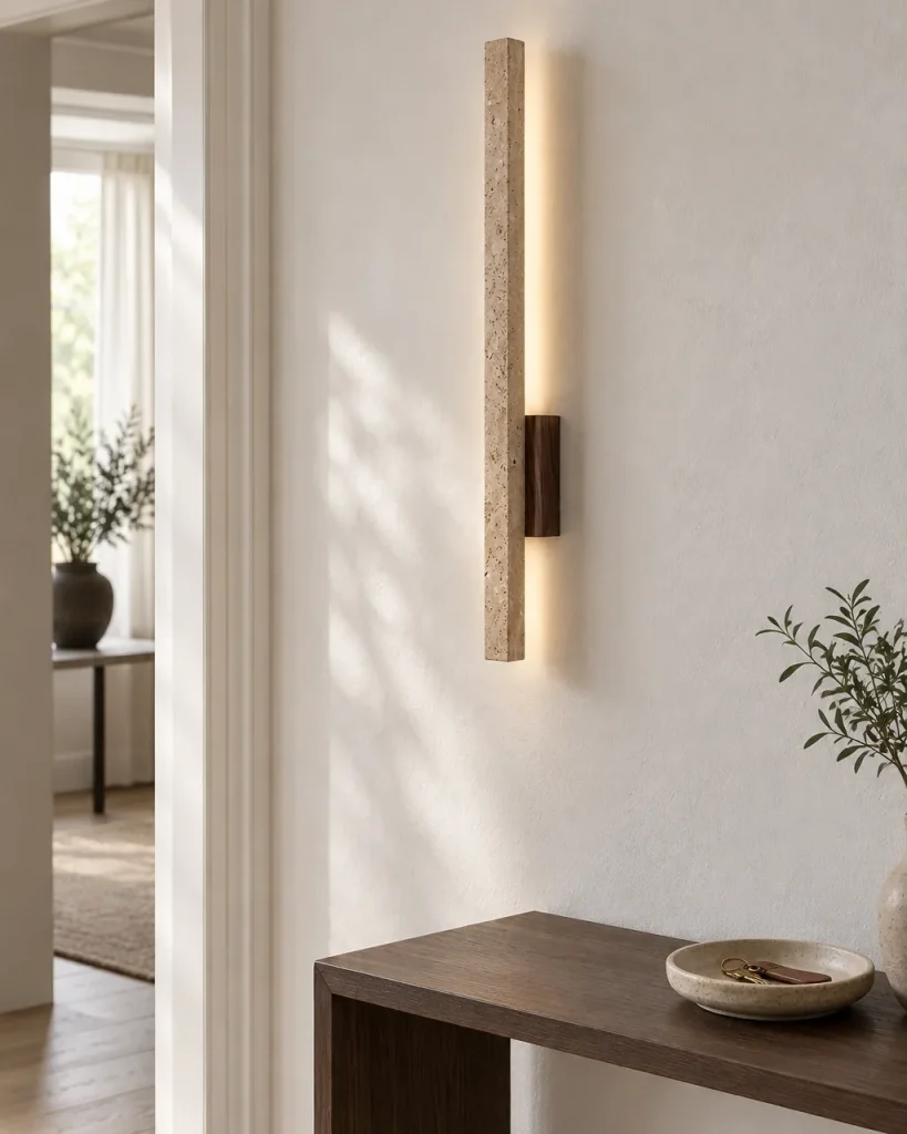 Wandlampe ANKA, lineare Travertinleiste mit Holzsockel – im Flur über einer Holzkonsole, Tageslicht