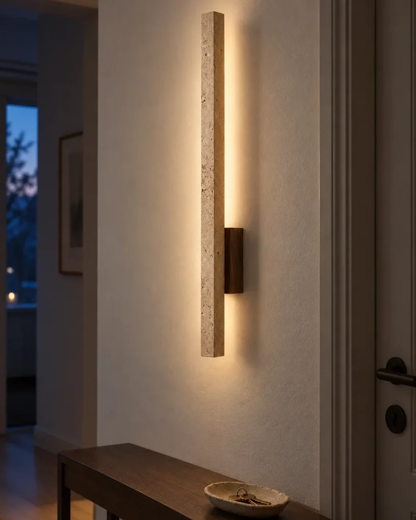 Wandlampe ANKA, lineare Travertinleiste mit Holzsockel – im Flur über einer Holzkonsole, Abendlicht