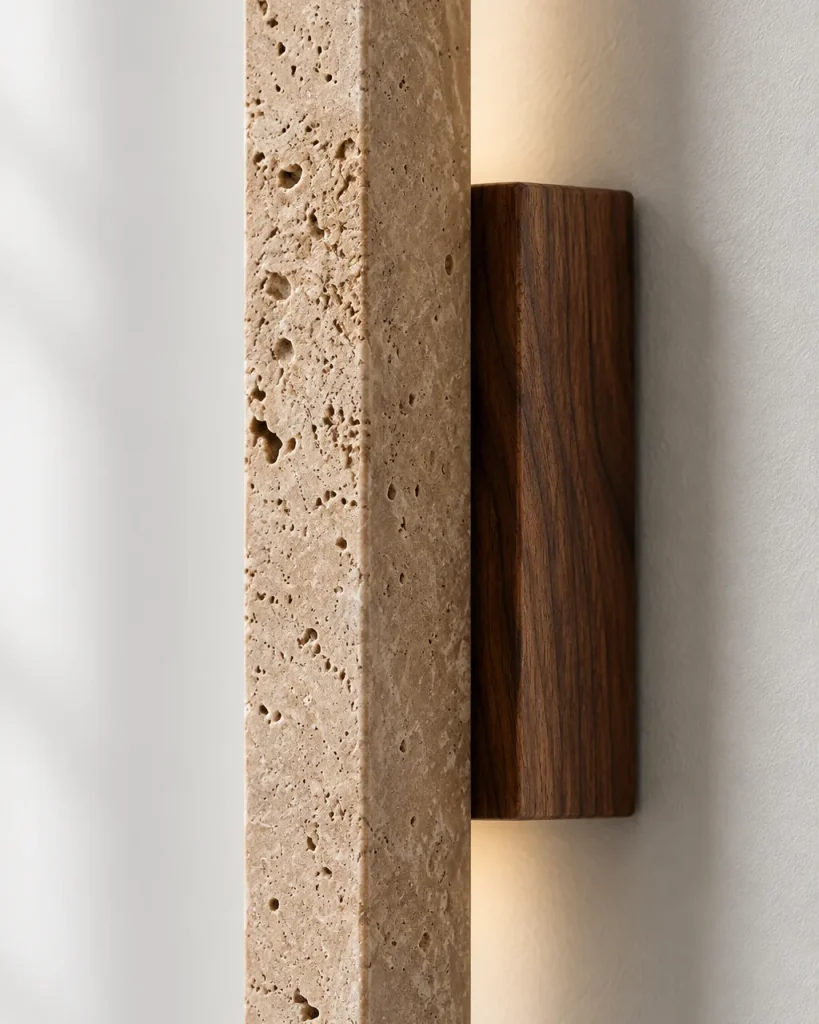 Wandlampe ANKA, lineare Travertinleiste mit Holzsockel – Detailansicht der Travertinporen und Holzhalterung