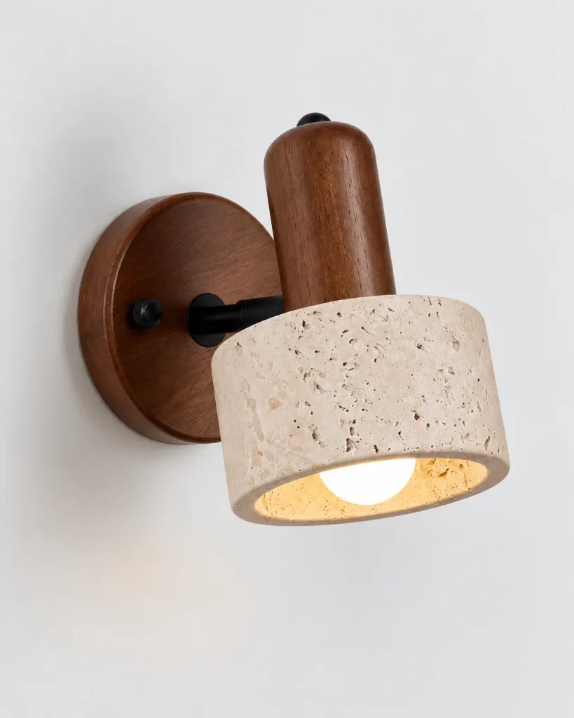 Wandlampe BODO, Travertin-Schirm mit Holz und Opalglas – Dunkles Holz, Produktfoto