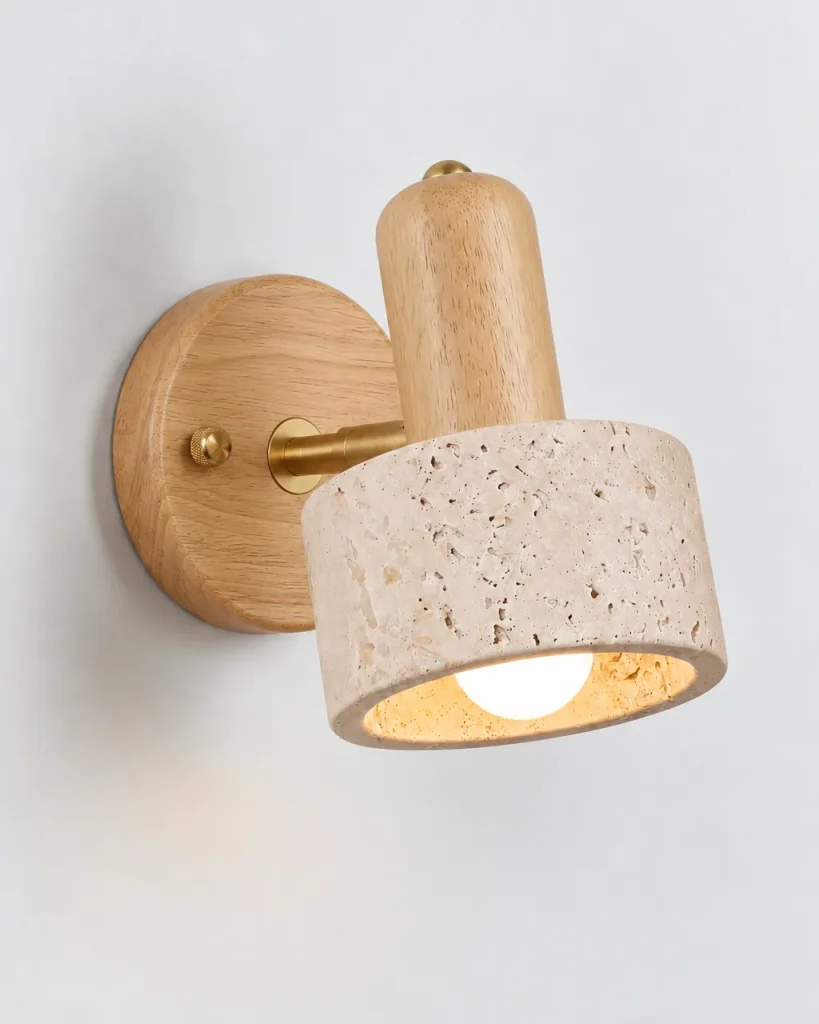 Wandlampe BODO, Travertin-Schirm mit Holz und Opalglas – Helles Holz, Produktfoto