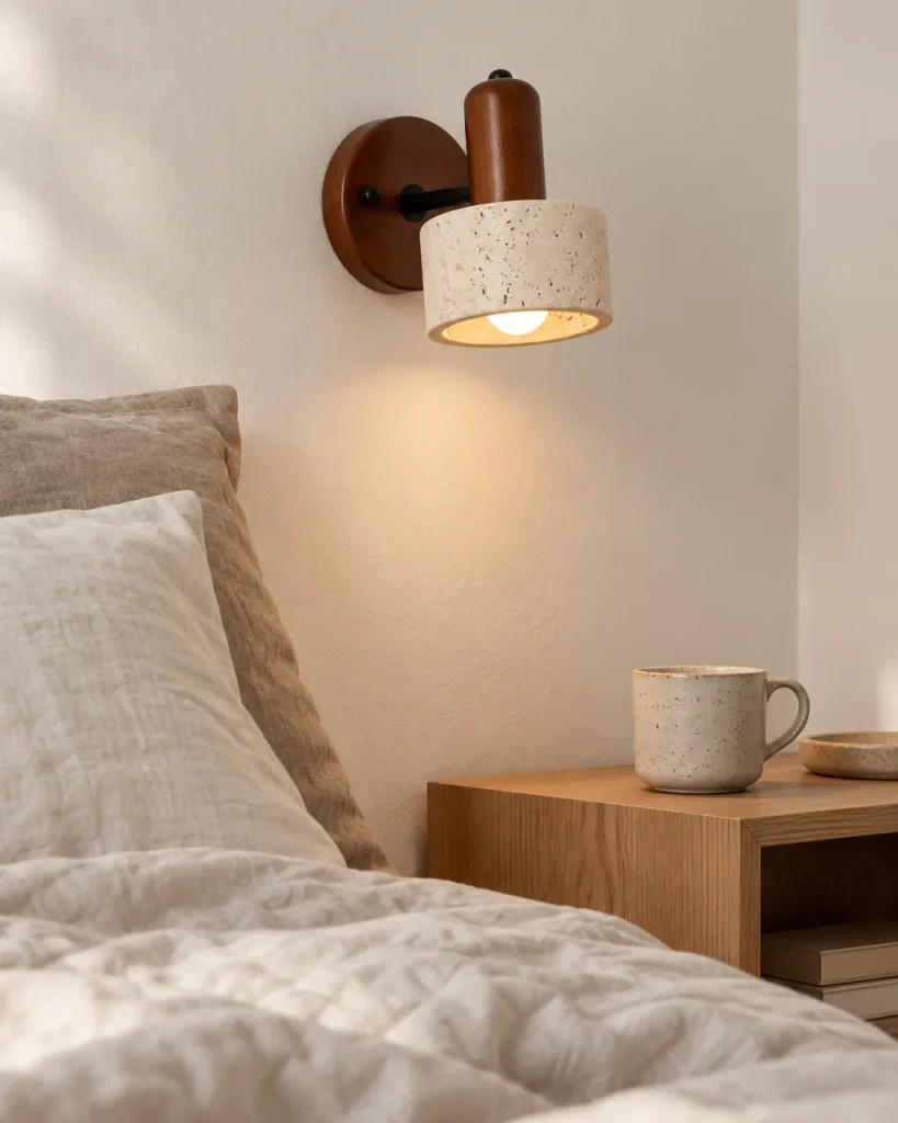 Wandlampe BODO, Travertin-Schirm mit Holz und Opalglas – über dem Nachttisch im Schlafzimmer, Tageslicht