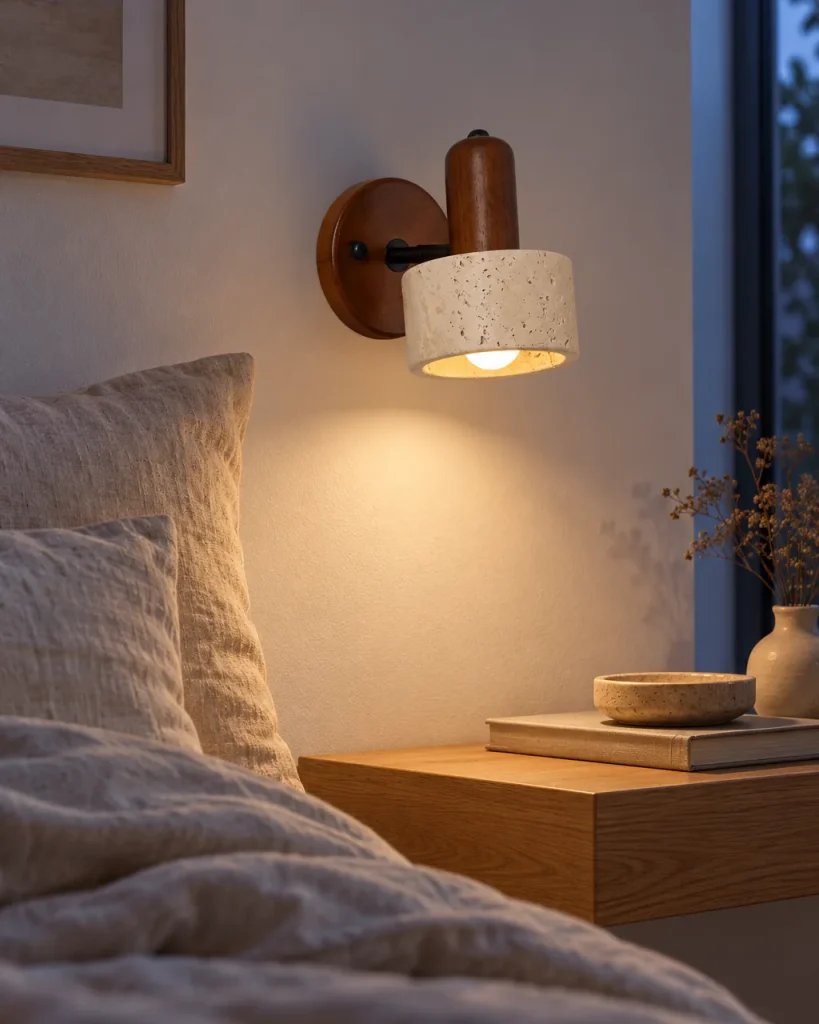 Wandlampe BODO, Travertin-Schirm mit Holz und Opalglas – über dem Nachttisch im Schlafzimmer, Abendstimmung