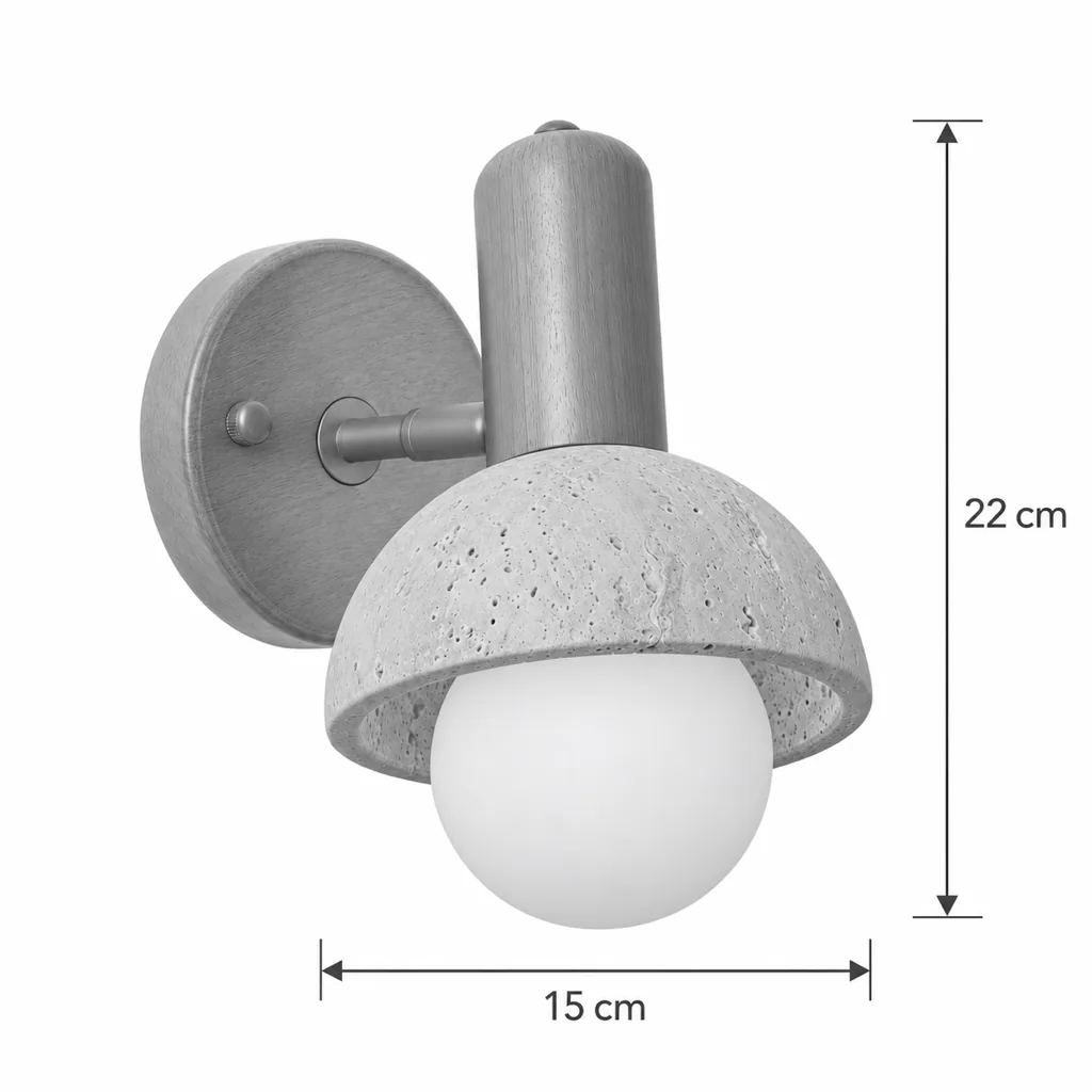 Wandlampe BODO, Travertin-Schirm mit Holz und Opalglas – Masszeichnung Kuppel, Höhe 22 cm