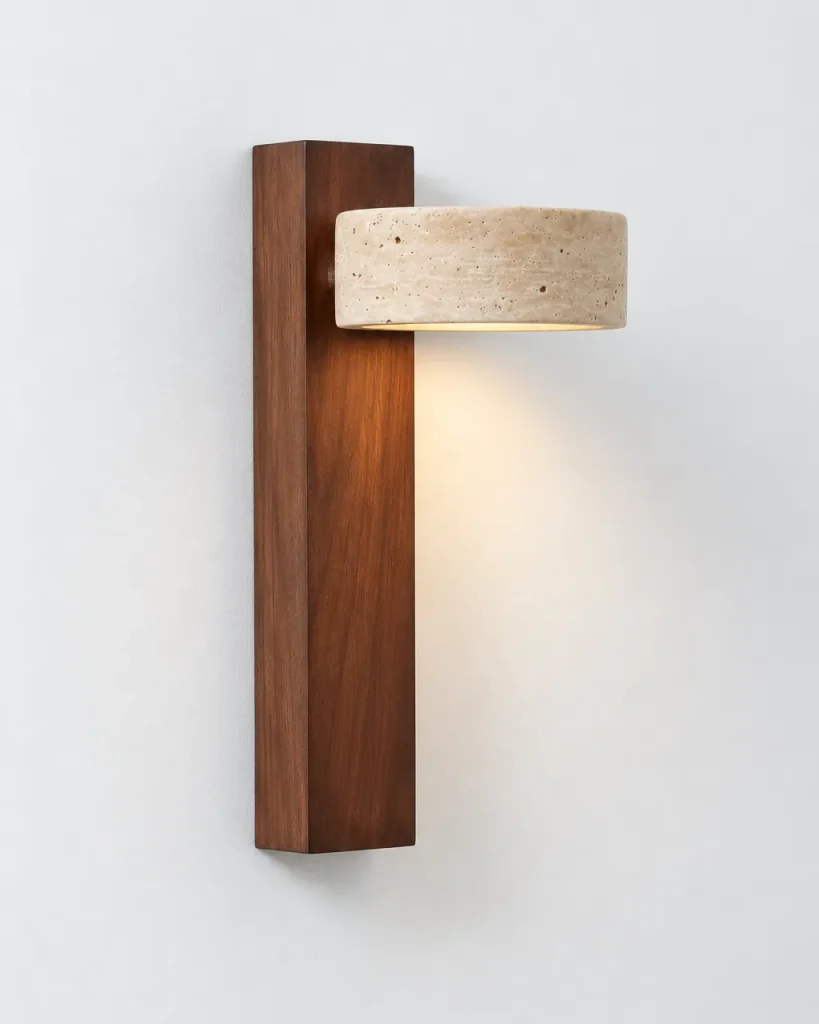 Applique SOLRA, travertino su listello di legno, orientabile – legno scuro, foto prodotto