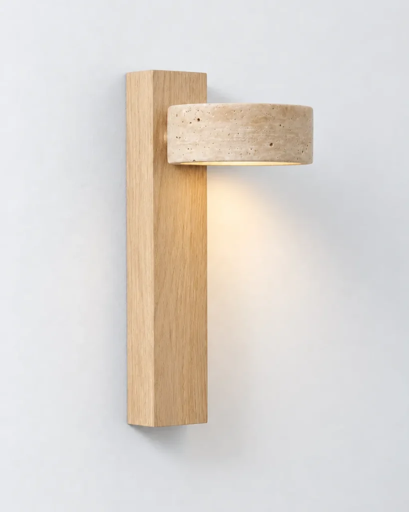 Applique SOLRA, travertino su listello di legno, orientabile – legno chiaro, foto prodotto