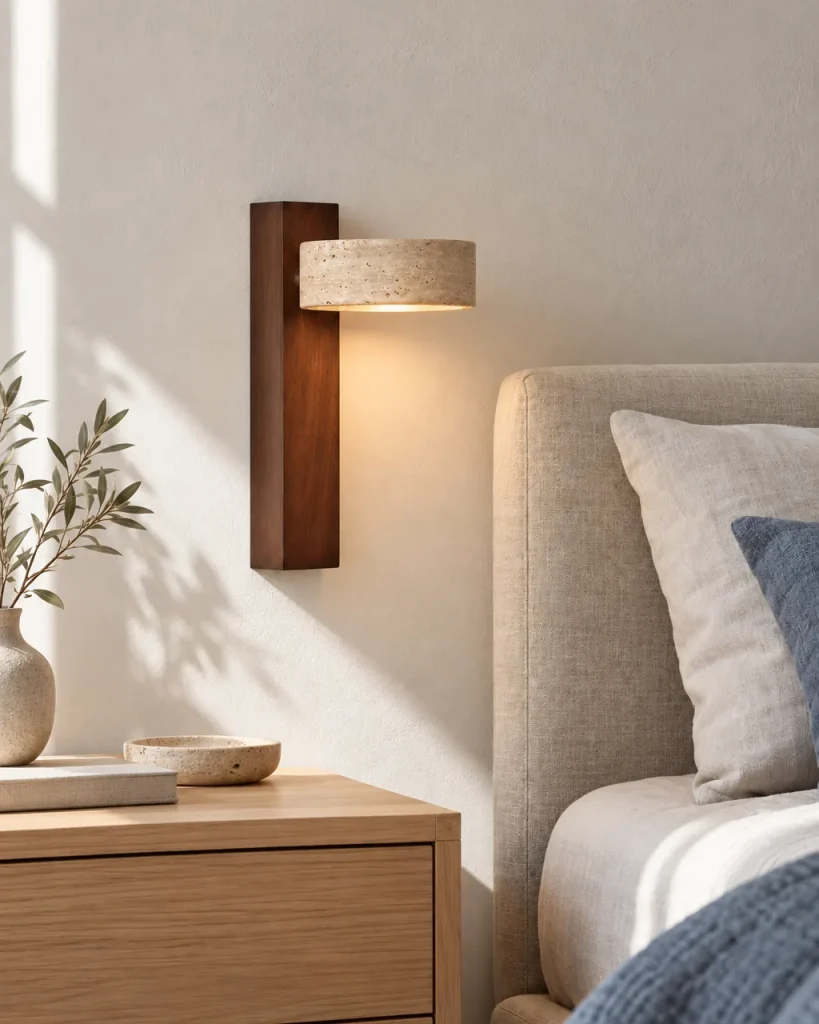 Applique SOLRA, travertino su listello di legno, orientabile – in camera da letto sopra un comodino in legno, luce diurna
