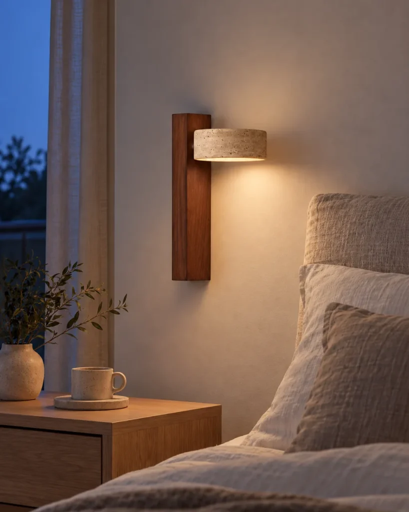 Applique SOLRA, travertino su listello di legno, orientabile – in camera da letto accanto al letto, luce serale