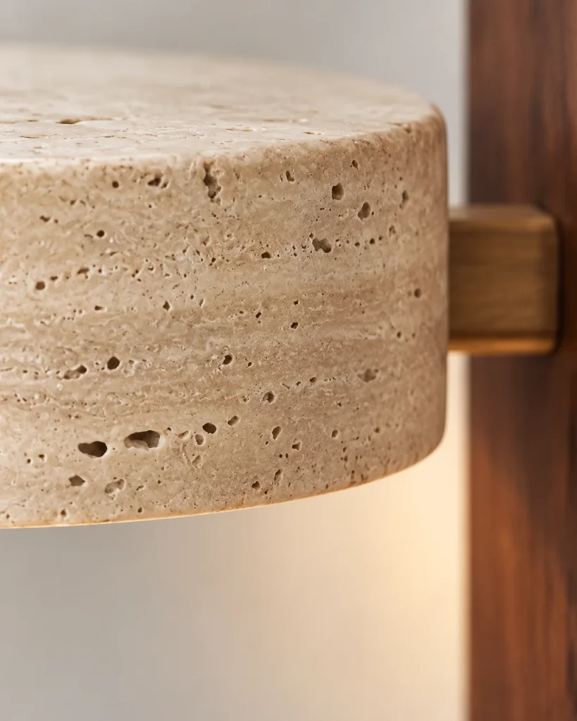 Applique SOLRA, travertino su listello di legno, orientabile – dettaglio dei pori del travertino sulla testa