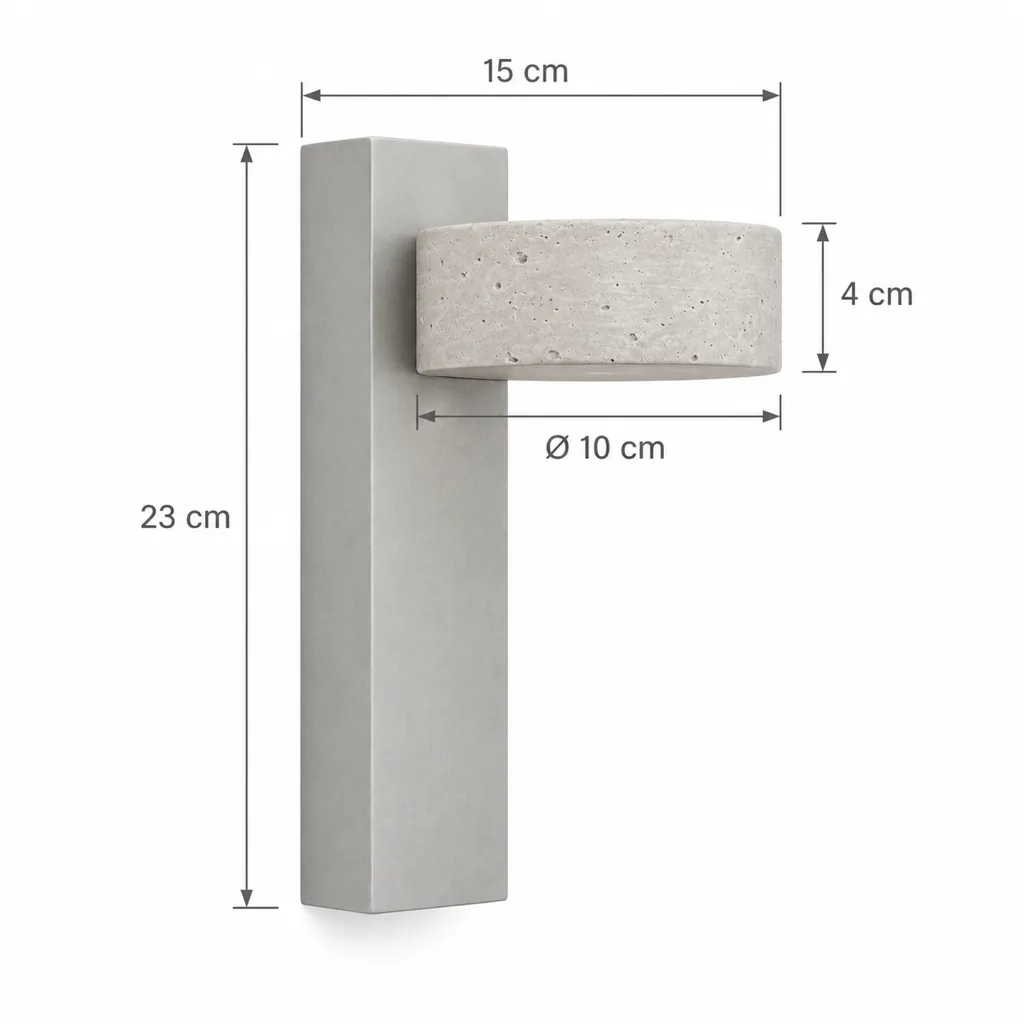 Applique SOLRA, travertino su listello di legno, orientabile – disegno tecnico, altezza 23 cm, larghezza 15 cm, Ø 10 cm