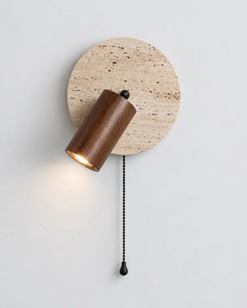 Wandlampe LILA, Travertin-Scheibe mit Holzspot – Dunkles Holz, Produktfoto