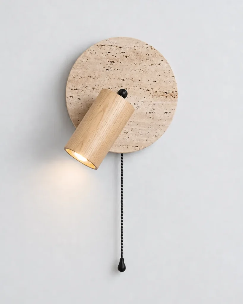 Wandlampe LILA, Travertin-Scheibe mit Holzspot – Helles Holz, Produktfoto