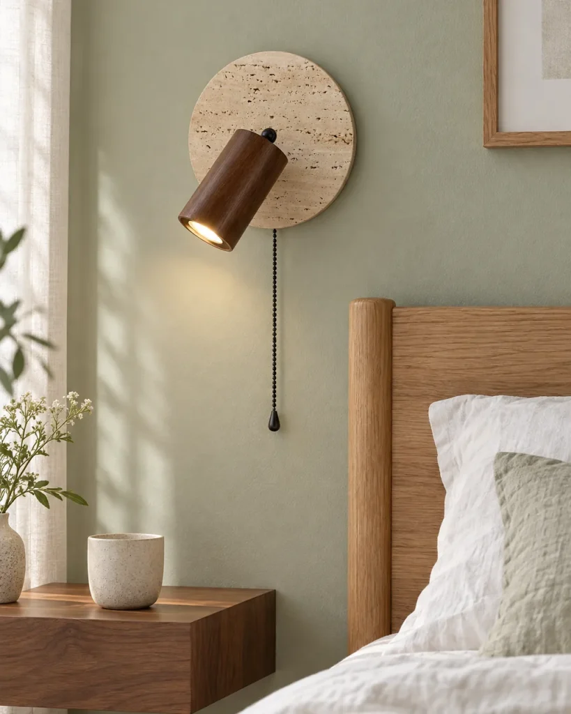 Wandlampe LILA, Travertin-Scheibe mit Holzspot – im Schlafzimmer neben dem Bett, Tageslicht