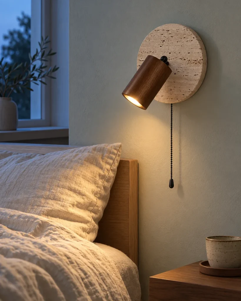 Wandlampe LILA, Travertin-Scheibe mit Holzspot – im Schlafzimmer über dem Nachttisch, Abendlicht