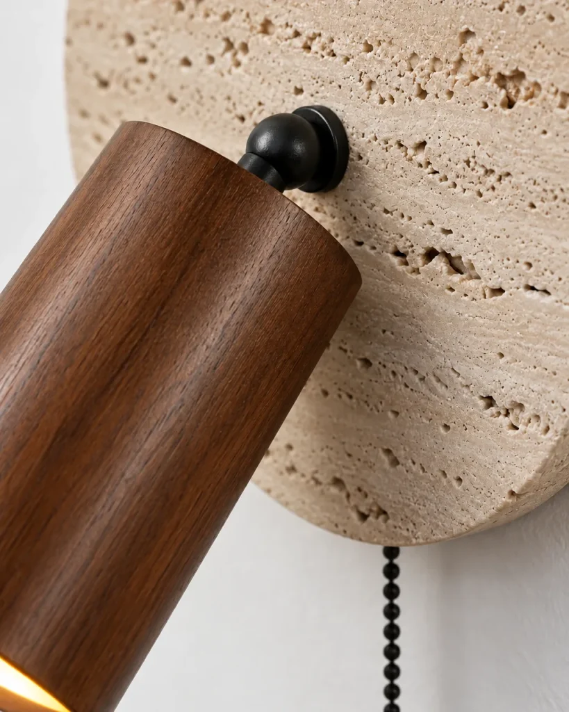 Wandlampe LILA, Travertin-Scheibe mit Holzspot – Detailansicht des Travertins, des Holzspots und des schwarzen Gelenks