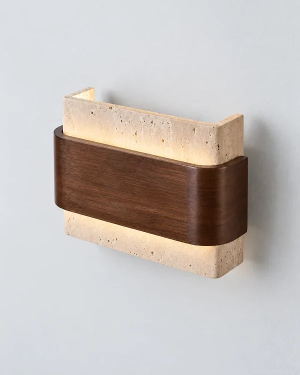 Applique DUKA, travertino con fascia in legno, luce su e giù – travertino, foto prodotto con fascia in legno