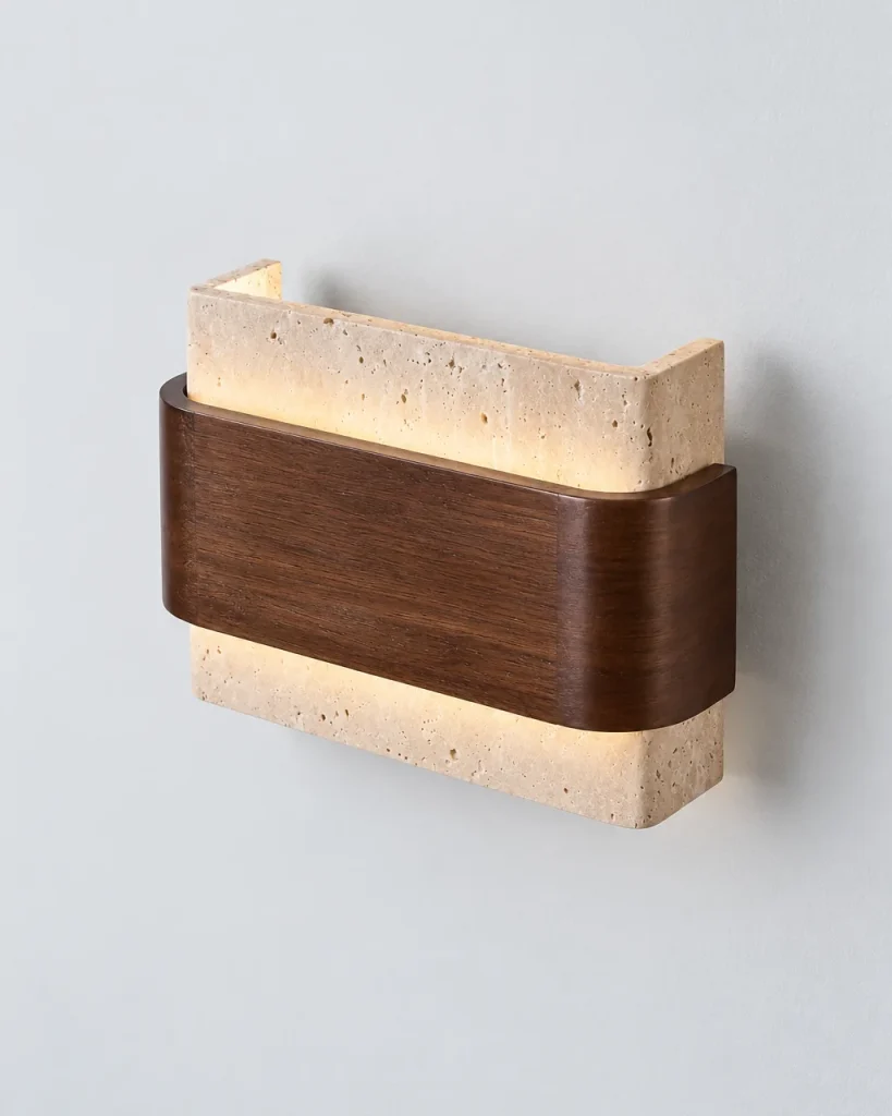 Applique DUKA, travertino con fascia in legno, luce su e giù – travertino, foto prodotto con fascia in legno