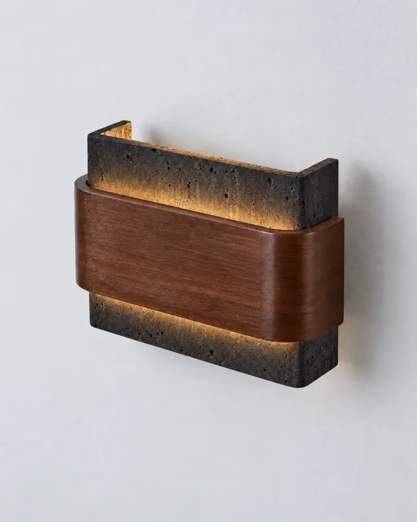 Applique DUKA, travertino con fascia in legno, luce su e giù – nero, foto prodotto con fascia in legno