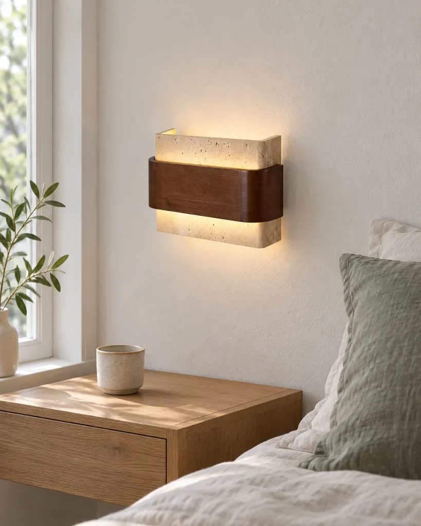 Applique DUKA, travertino con fascia in legno, luce su e giù – in camera da letto sopra il comodino, luce diurna