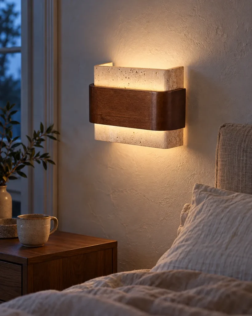 Applique DUKA, travertino con fascia in legno, luce su e giù – in camera da letto sopra il comodino, luce serale