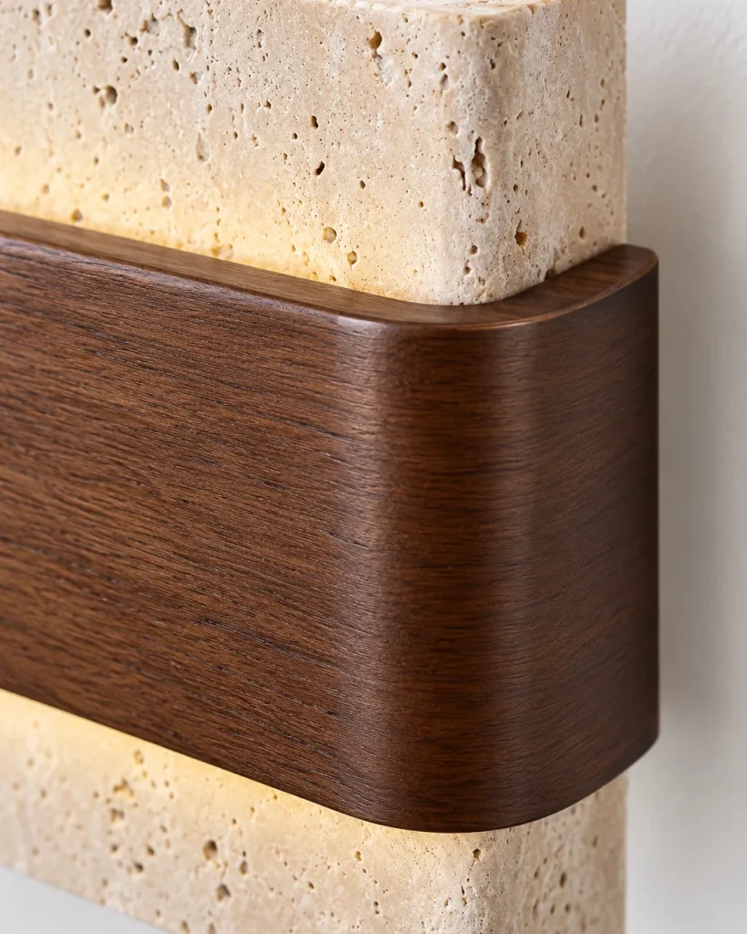 Applique DUKA, travertino con fascia in legno, luce su e giù – dettaglio del travertino poroso e del bordo in legno
