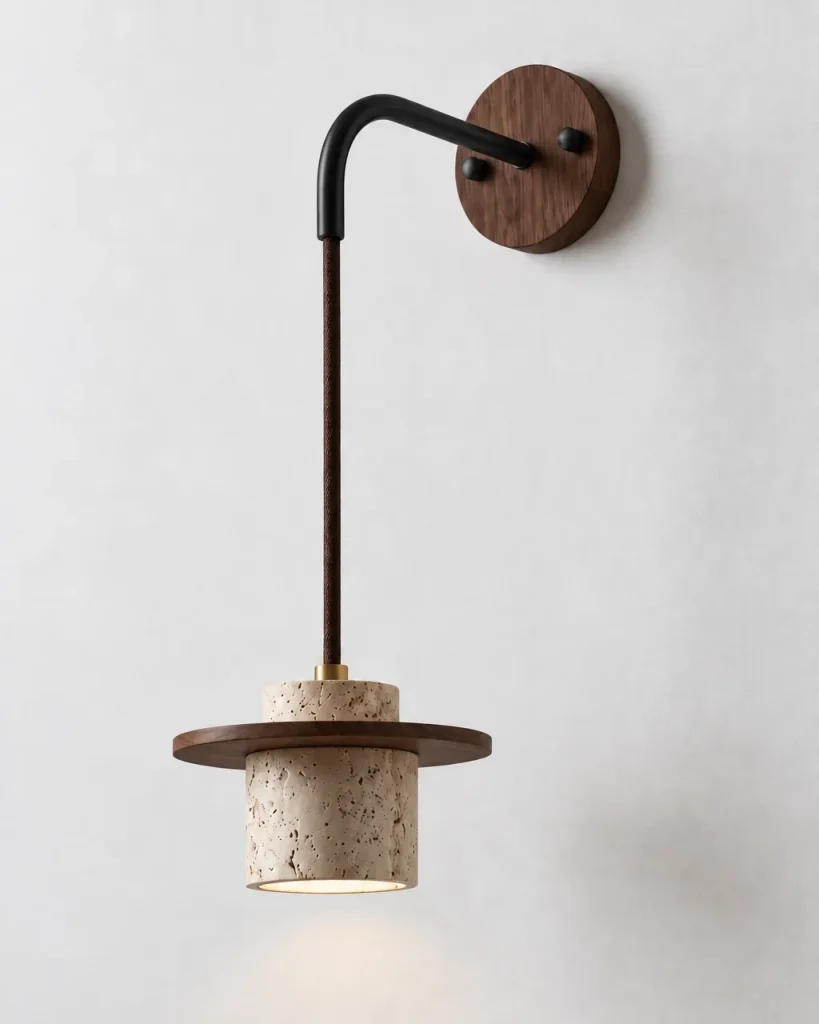 Applique VANI, travertino con disco di legno, sospesa – legno scuro, foto prodotto