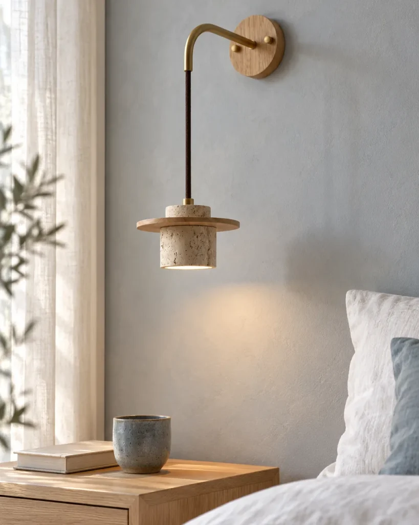 Applique VANI, travertino con disco di legno, sospesa – in camera da letto accanto al letto, luce diurna