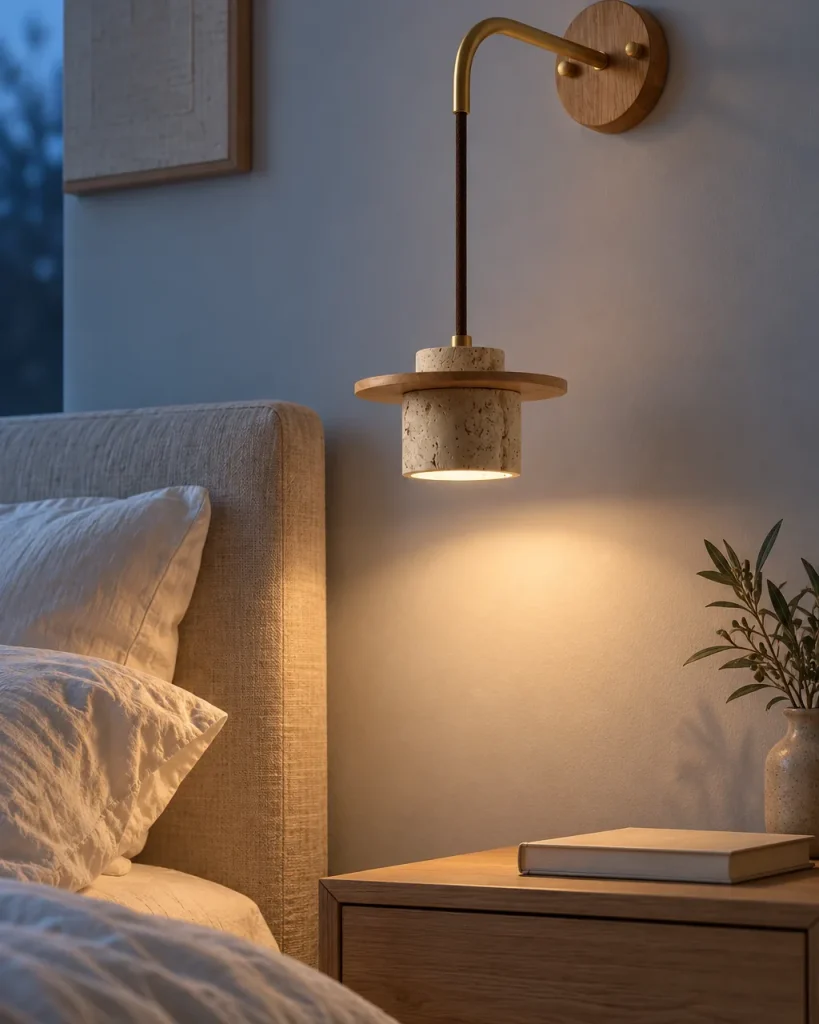 Applique VANI, travertino con disco di legno, sospesa – in camera da letto sopra il comodino, luce serale