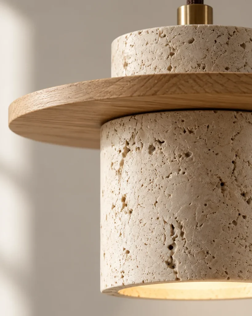 Applique VANI, travertino con disco di legno, sospesa – dettaglio dei pori del travertino e del disco in legno chiaro