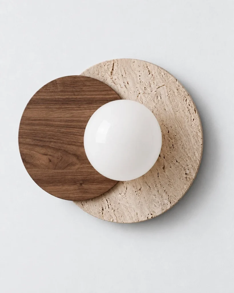 Wandlampe MAKU, Travertin- und Holzscheiben mit Glaskugel – Dunkles Holz, Produktfoto