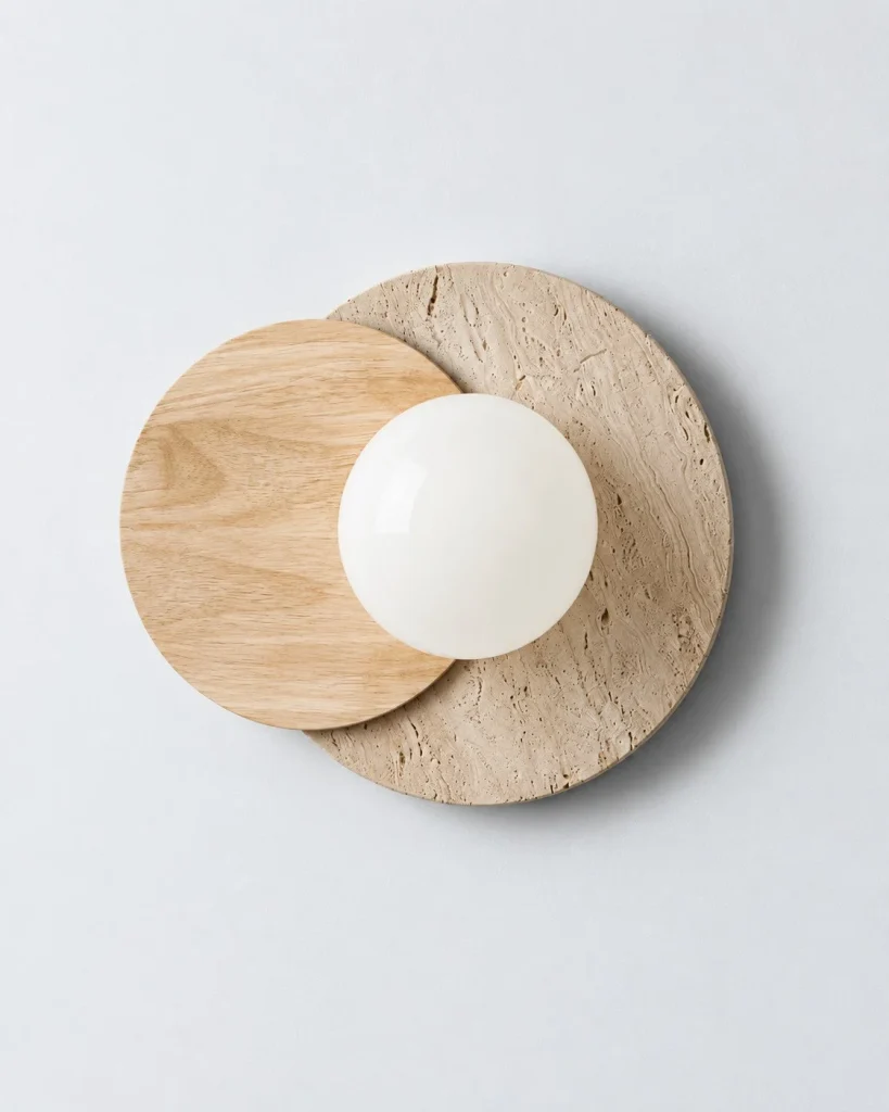 Wandlampe MAKU, Travertin- und Holzscheiben mit Glaskugel – Helles Holz, Produktfoto
