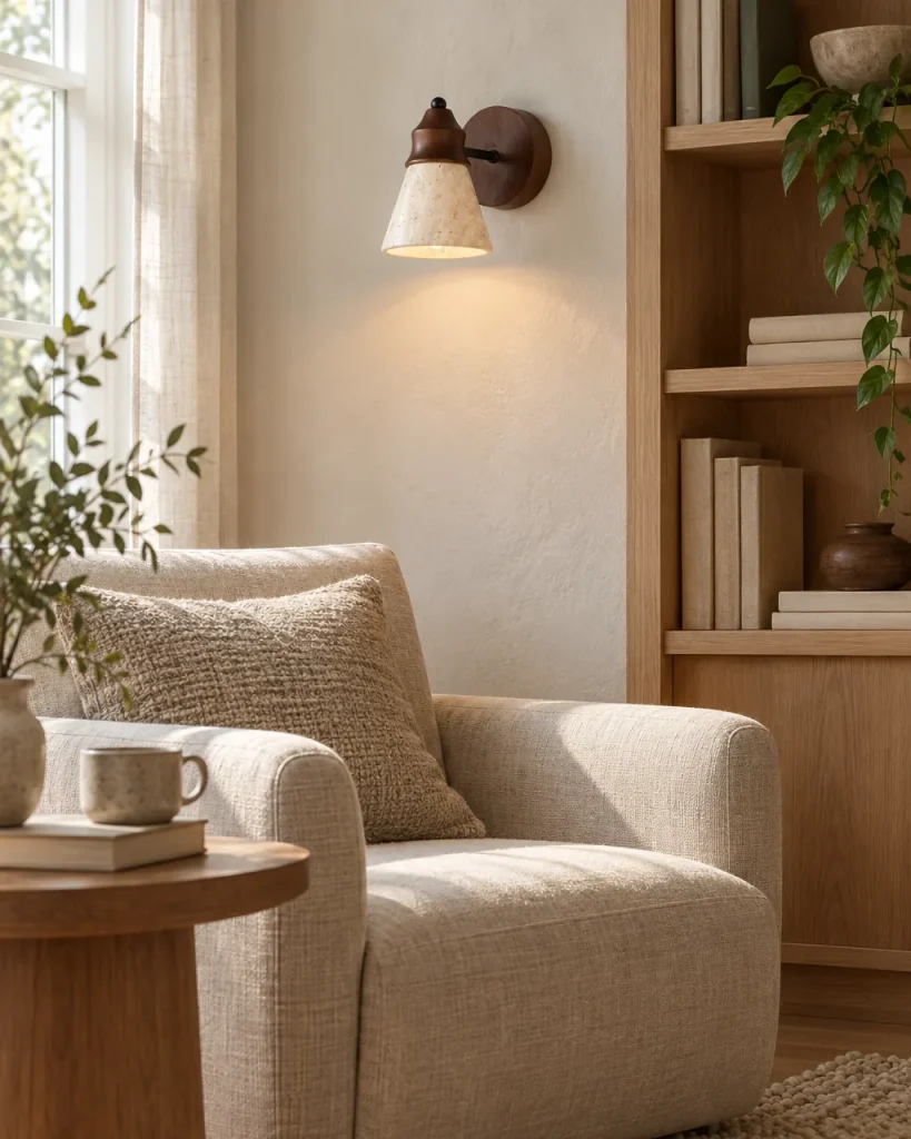 Applique ORA, cono in travertino con cappuccio in noce – nell'angolo lettura del soggiorno, luce diurna