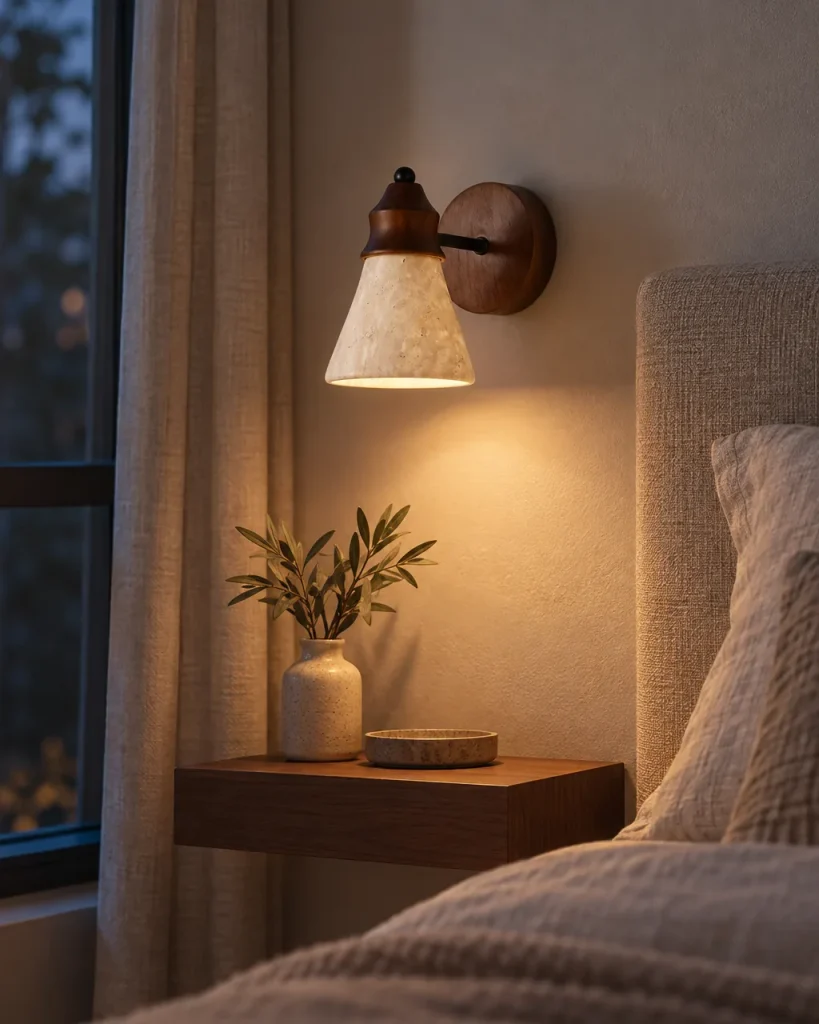 Applique ORA, cono in travertino con cappuccio in noce – in camera da letto, luce serale