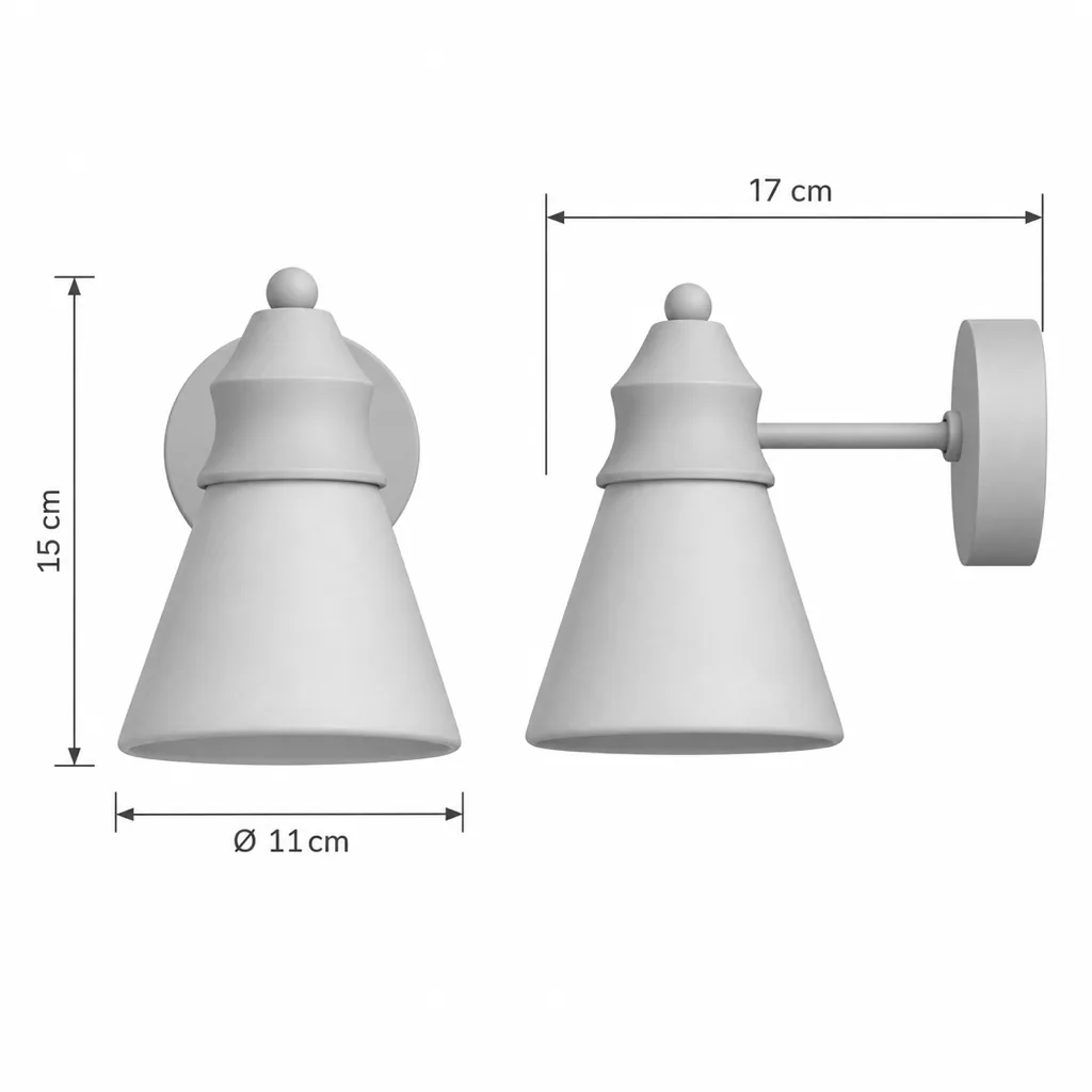 Applique ORA, cono in travertino con cappuccio in noce – disegno tecnico, altezza 15 cm, Ø 11 cm, sporgenza 17 cm