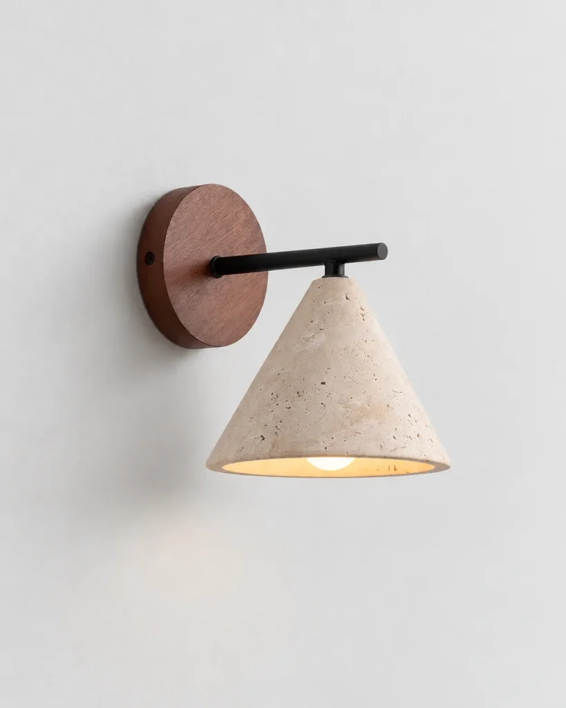 Applique YRIS, cono in travertino su piastra a parete in noce – nero, noce e beige, foto prodotto