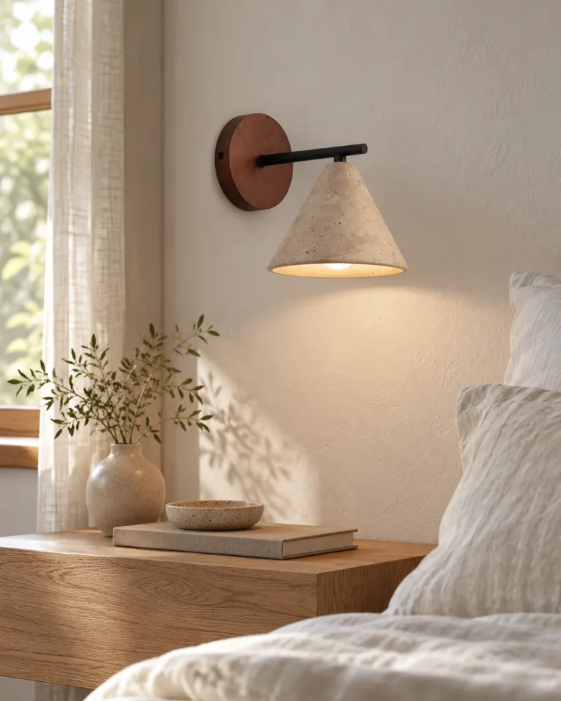 Applique YRIS, cono in travertino su piastra a parete in noce – in camera da letto sopra un comodino in legno, luce diurna