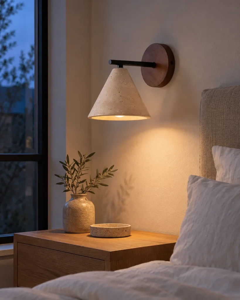 Applique YRIS, cono in travertino su piastra a parete in noce – in camera da letto sopra un comodino in legno, luce serale