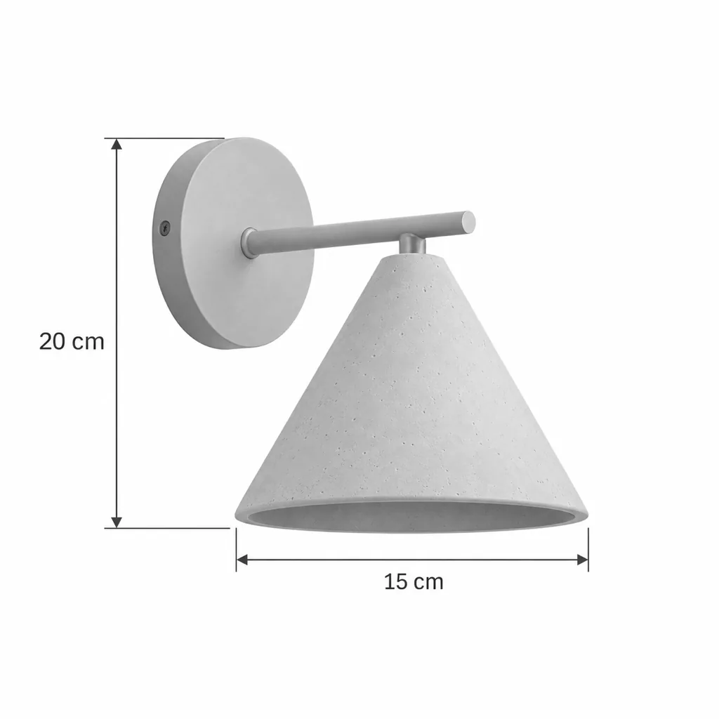 Applique YRIS, cono in travertino su piastra a parete in noce – disegno tecnico con misure, altezza 20 cm, paralume Ø 15 cm