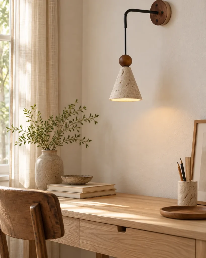 Applique POLI, cono in travertino sospeso con sfera in noce – nello studio sopra la scrivania, luce diurna