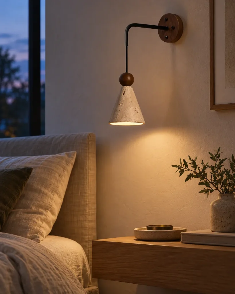 Applique POLI, cono in travertino sospeso con sfera in noce – in camera da letto, luce serale