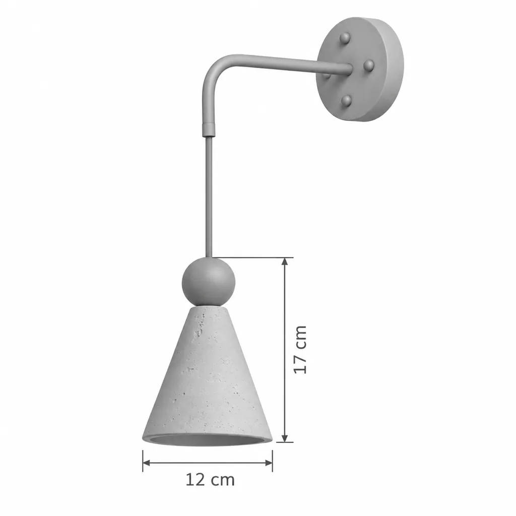 Applique POLI, cono in travertino sospeso con sfera in noce – disegno tecnico, Ø 12 cm, altezza cono con sfera 17 cm