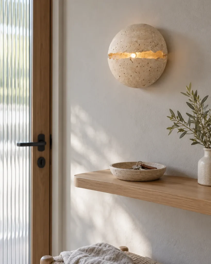 Wandlampe ZITO, Travertin-Kiesel mit Lichtspalt, Ø 20 cm – im Eingangsbereich über einer Holzablage, Tageslicht