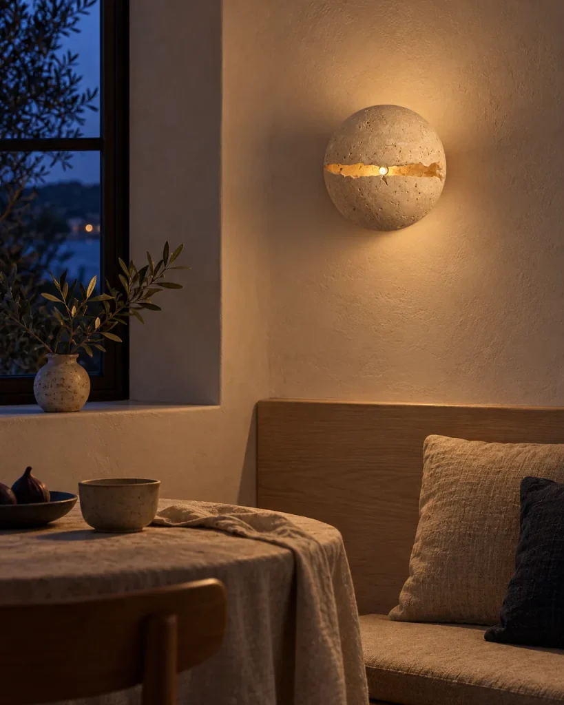 Wandlampe ZITO, Travertin-Kiesel mit Lichtspalt, Ø 20 cm – in einer Essecke über der Sitzbank, Abendlicht